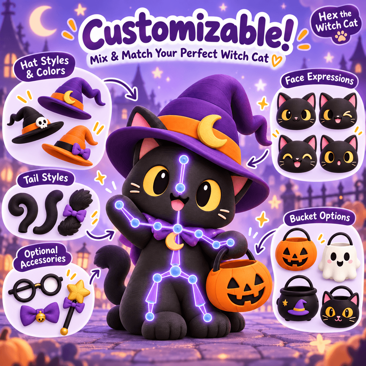 Hex the Witch Cat – Customizable Halloween Cat STL