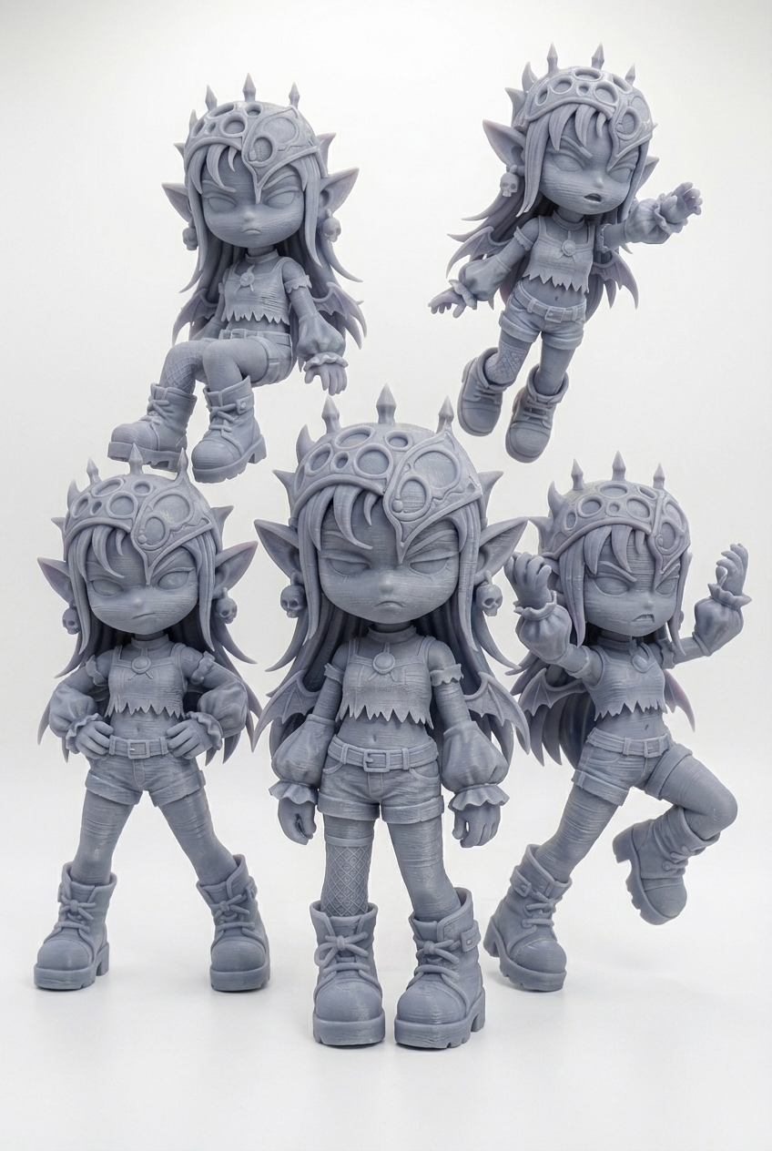 3D model of Gothic Chibi Elf Girl Miniature Set - 5 Unique 3D Printed Resin Poses for Tabletop Gaming and Painting